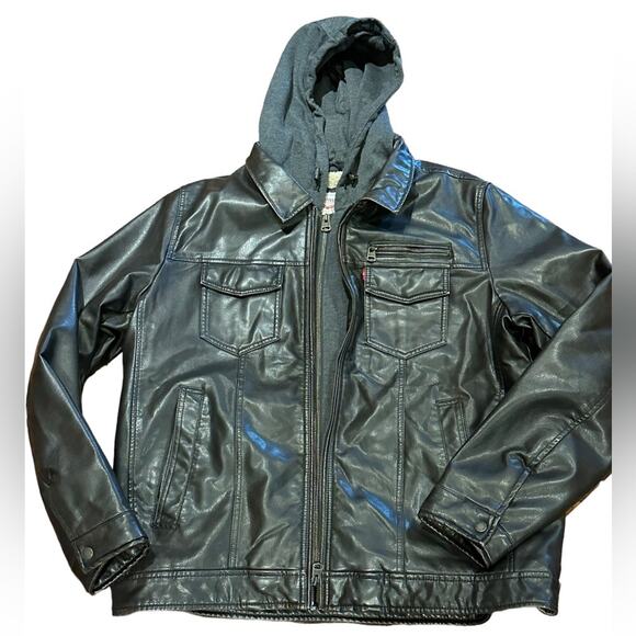 Levi’s Dark Brown Faux Leather and Shearling Mens XL Heavy Coat Sweatshirt Trim - Picture 1 of 9